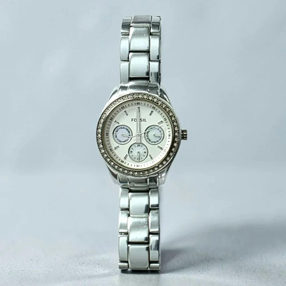 Fossil Womens Multifunction Watch Silver Crystal Day Date Military Time ES-2947